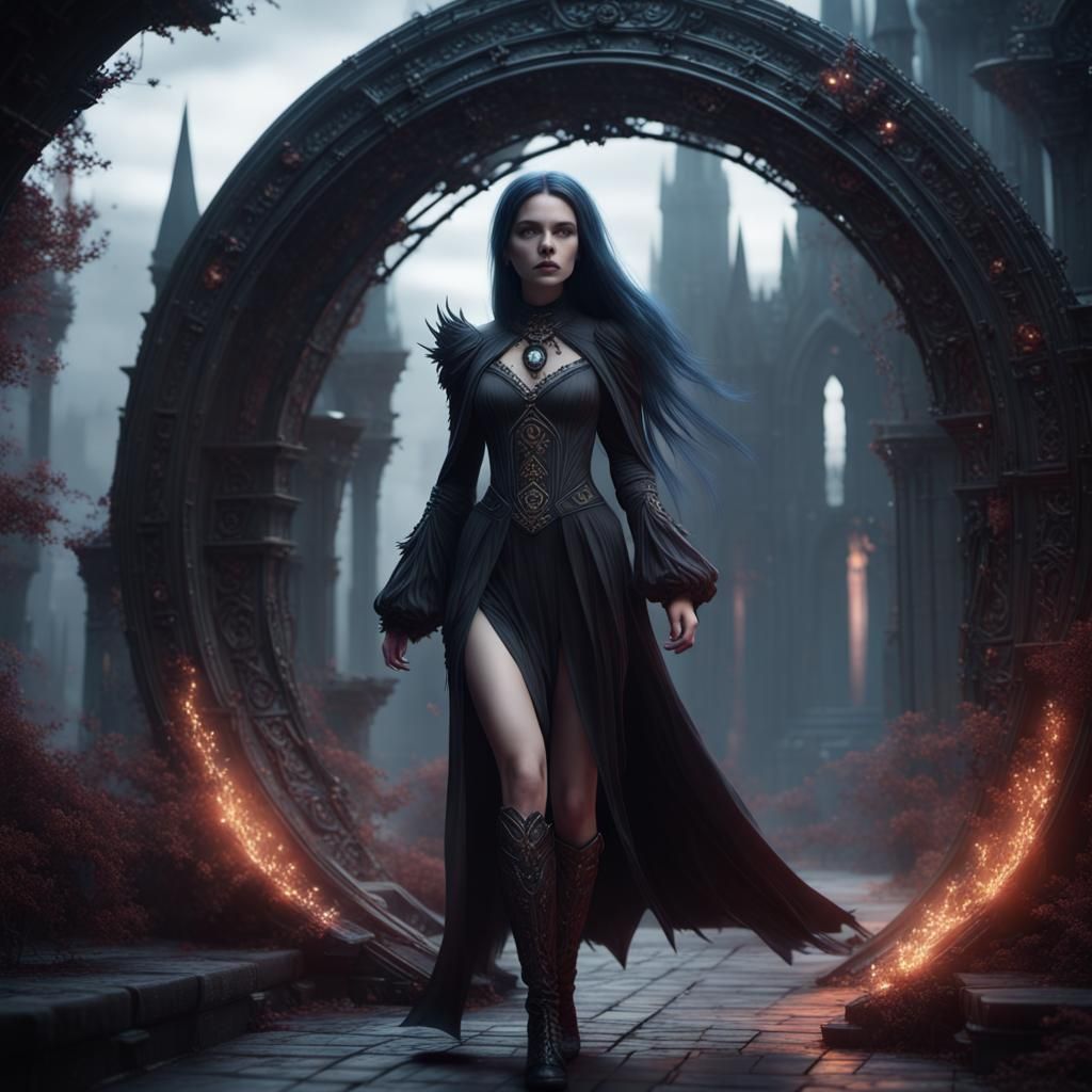 Dark gothic princess with beautiful model body walks through a time portal
