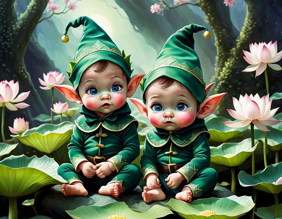 Adorable expressions on Whimsical Elves wearing a dark green elf suit and elf shoes with pointy toes, adorable Babies wi...