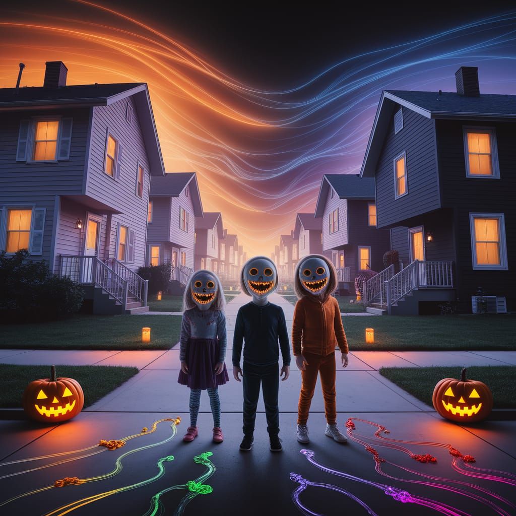 Surreal Halloween Horror on Foggy Suburban Street