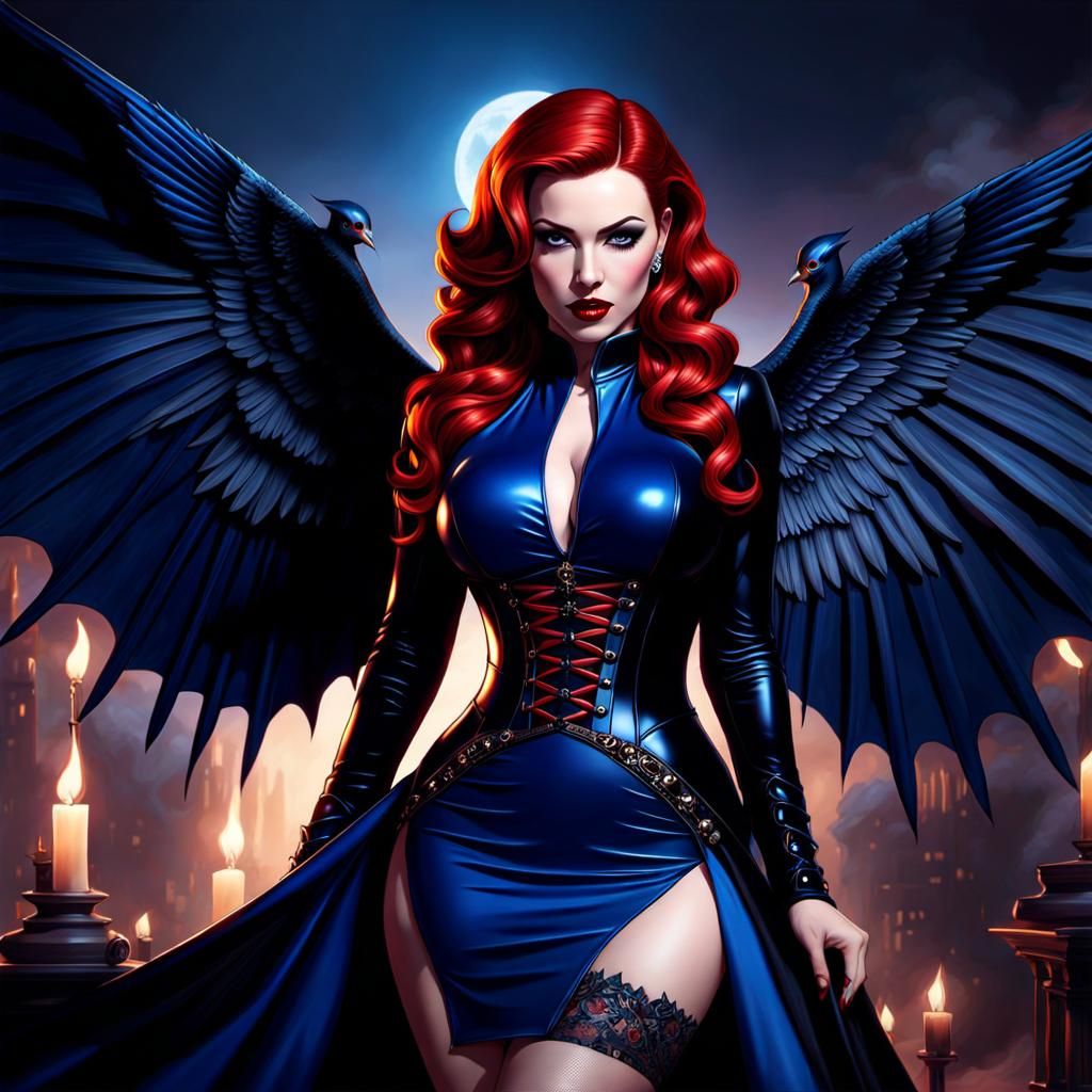 Gothic Vampire With Wings (Redhead & Navy Blue Dress)