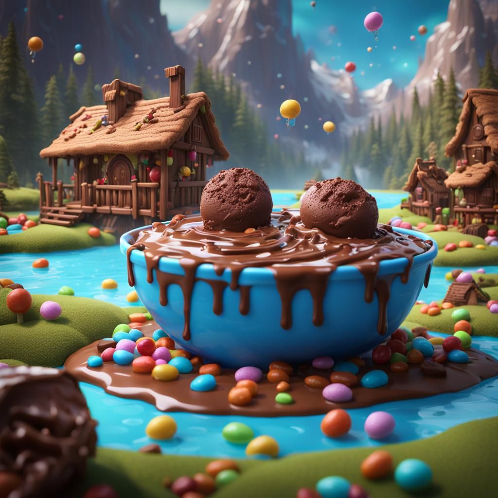 Chocolate River with Candy Land in Detailed Painting