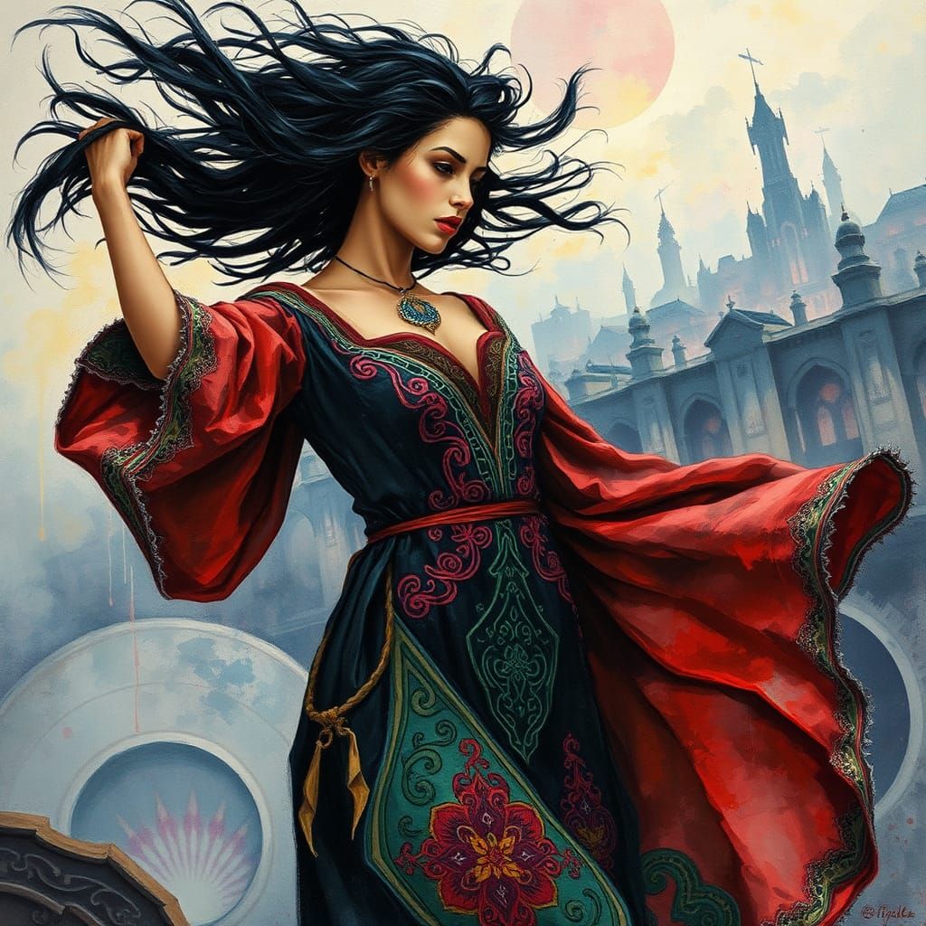 Latina Woman in Dystopian City, Watercolor Style