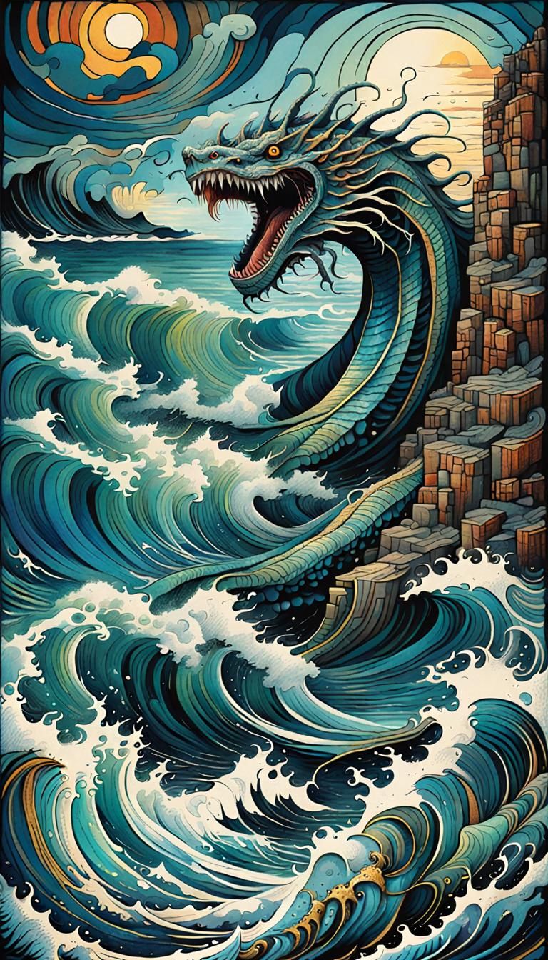 Majestic Sea Serpent Emerges: Art Brut Illustration