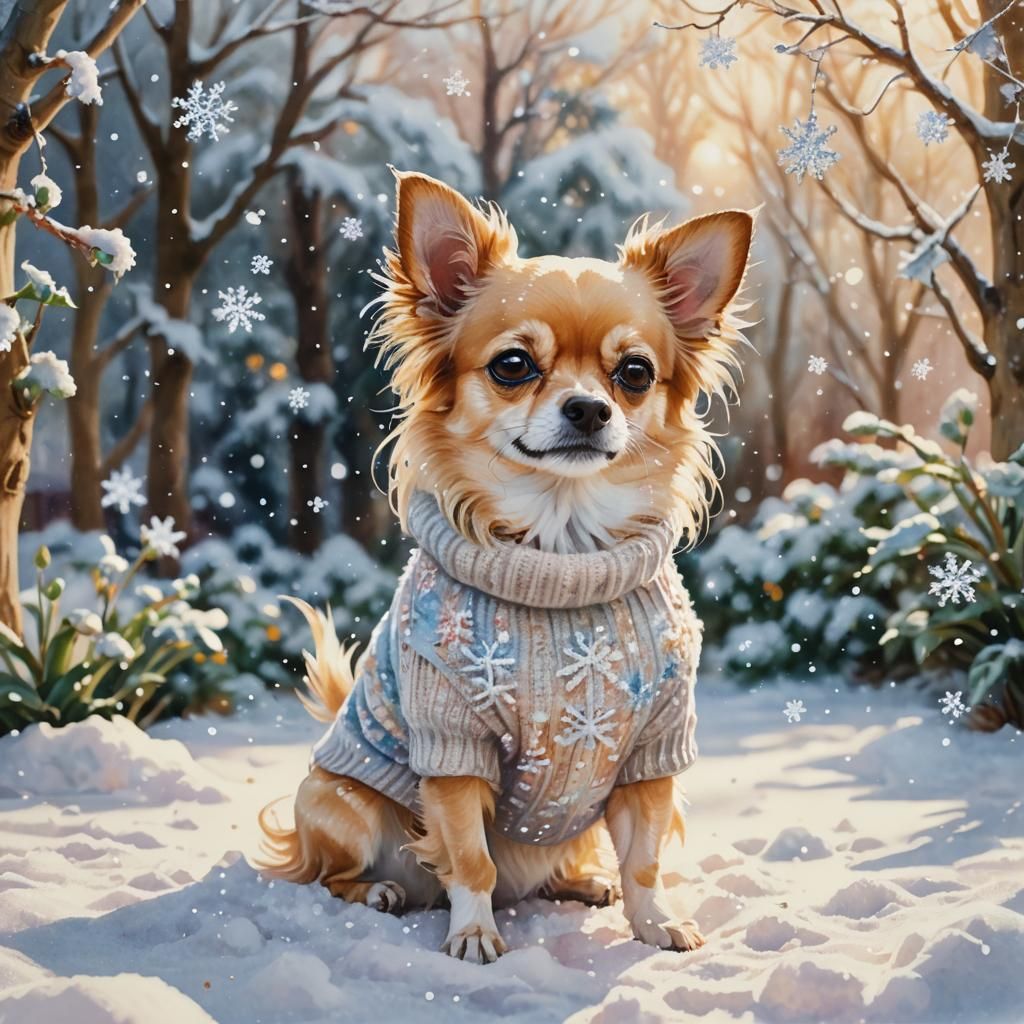 Chihuahua's Snowy Garden: A Whimsical Watercolor Portrait