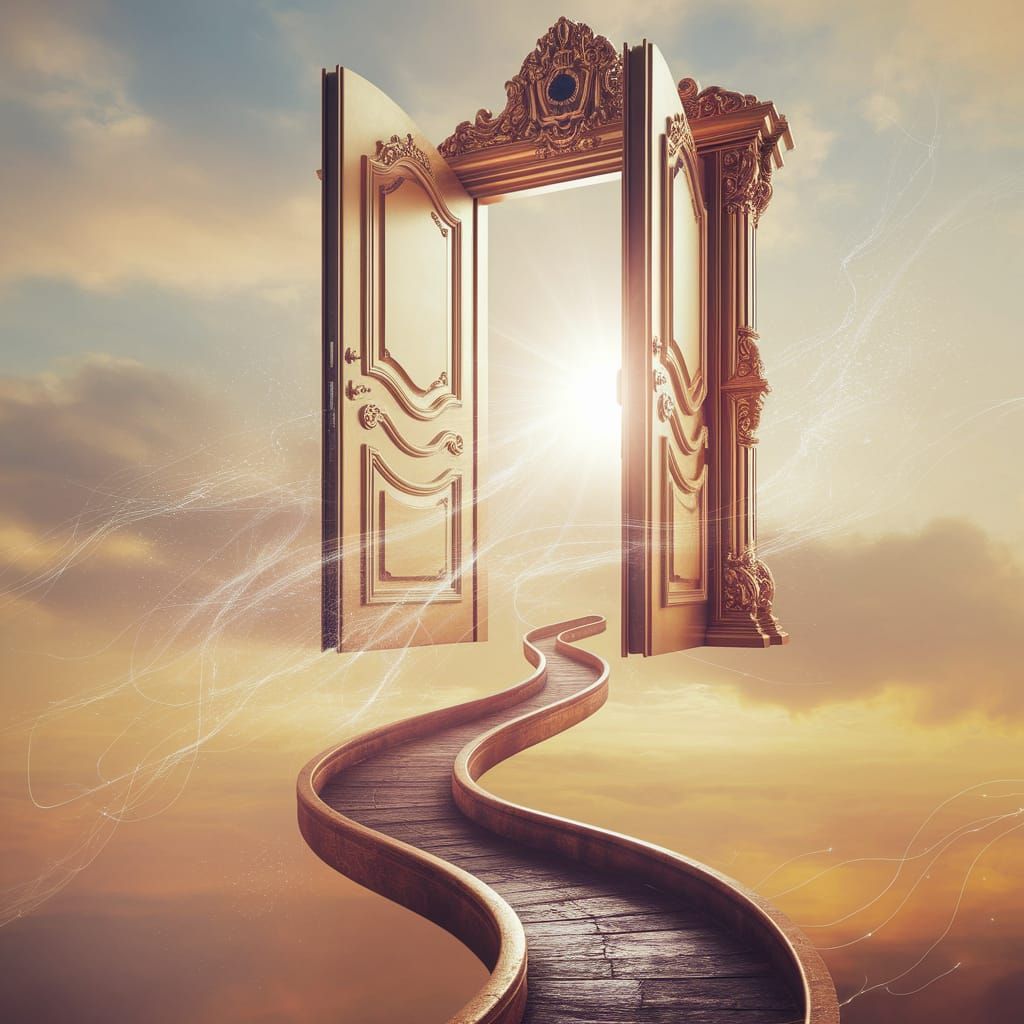 Ethereal Golden Door to Heaven in Fantasy Sky