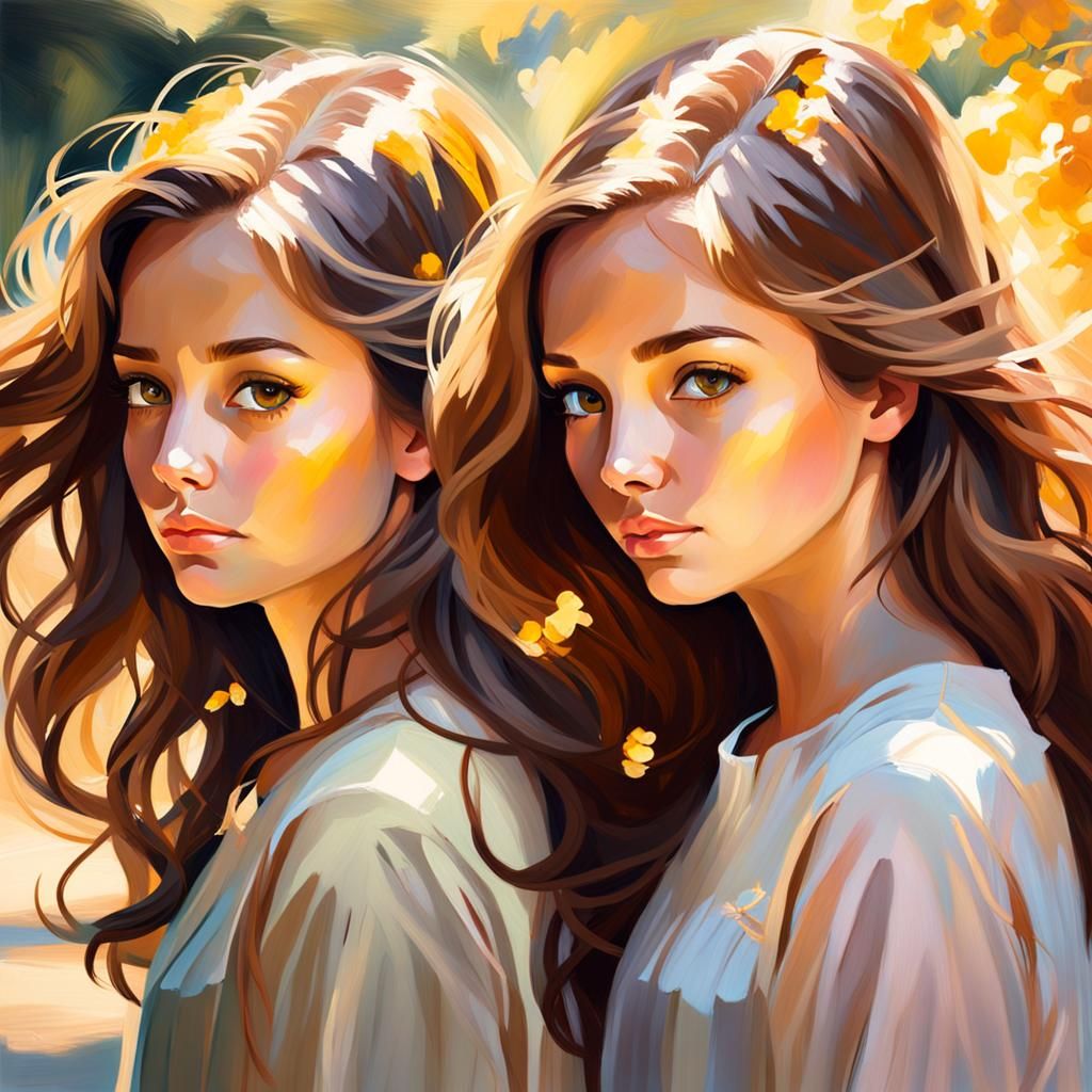 Vibrant Portrait of Two Girls in Impressionist Style