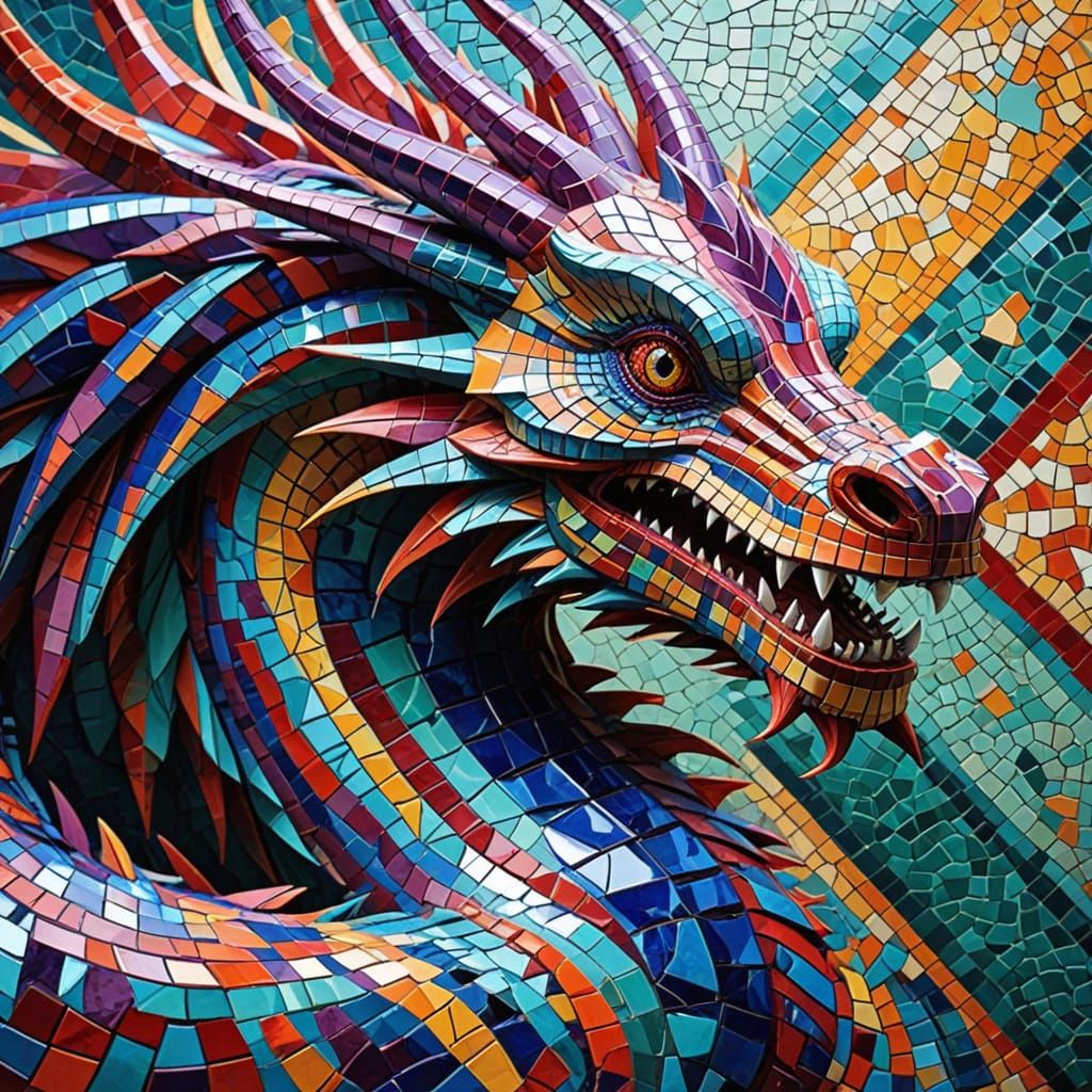Geometric Gingham Dragon in Vibrant Abstraction