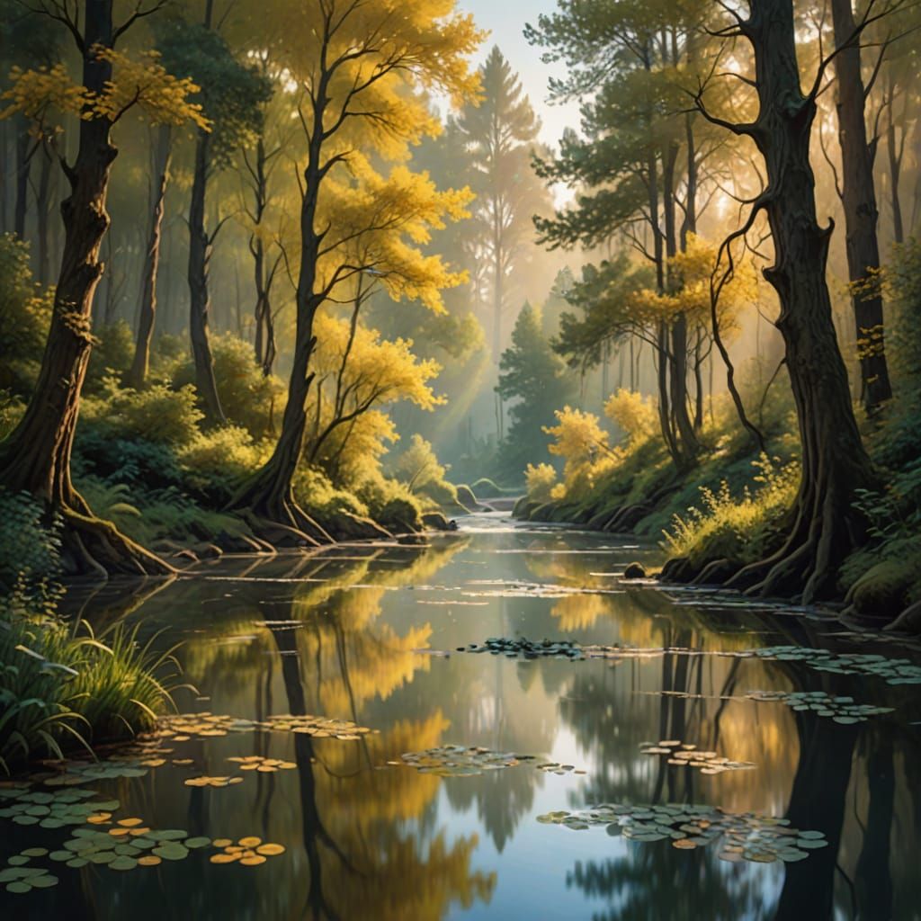 Surreal River Through Mystical Forest in Impressionist Style