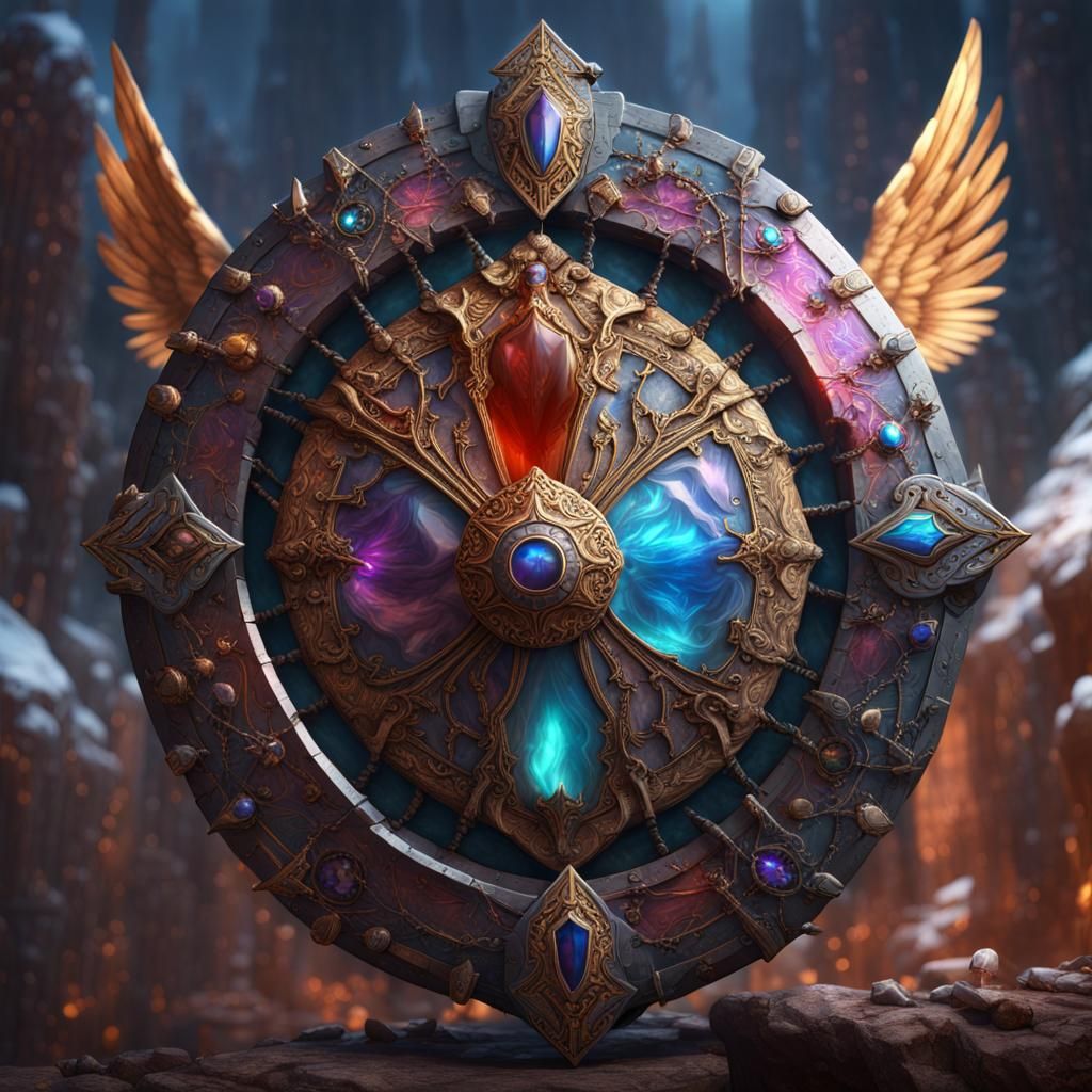 Gemstone Shield Protects Angel Warrior in Detailed Painting