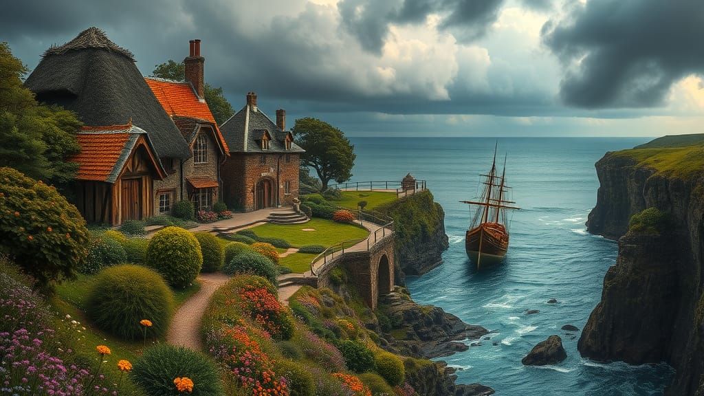 Surreal Coastal Village in a Stormy Dreamscape