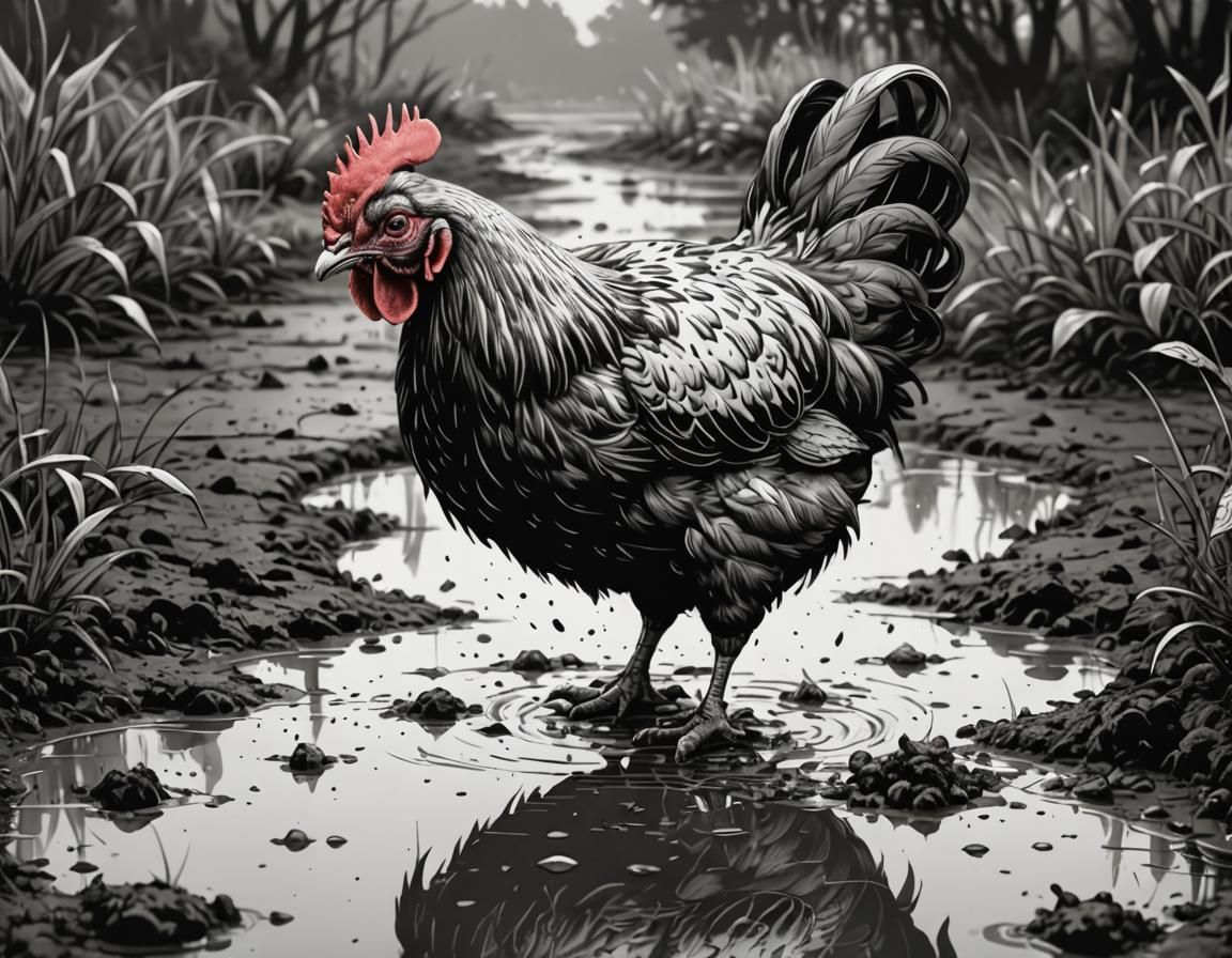 Hen Gazing at Reflection: Monochromatic Ink Art