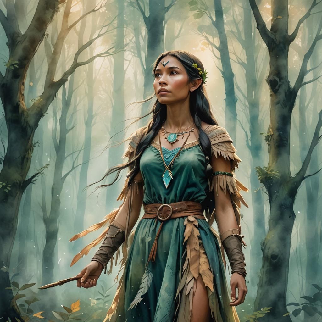 Ethereal Elf as Pocahontas in Watercolor Forest