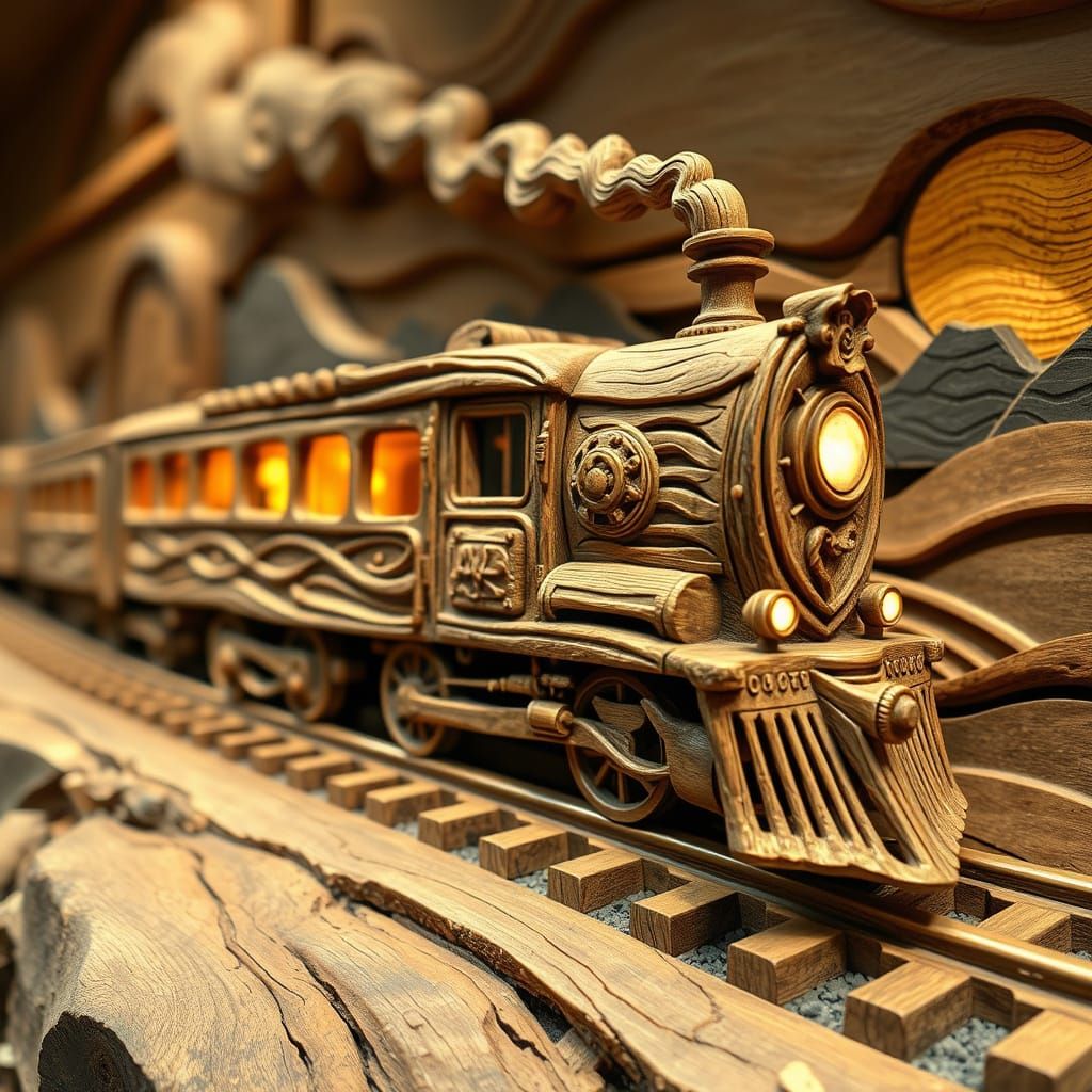 Surreal Wood Carving of Harmony Train in Stylized Wood Grain