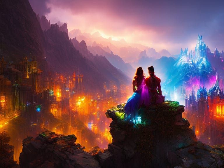 Sorceress and Cyber Warrior Embrace Under City Lights