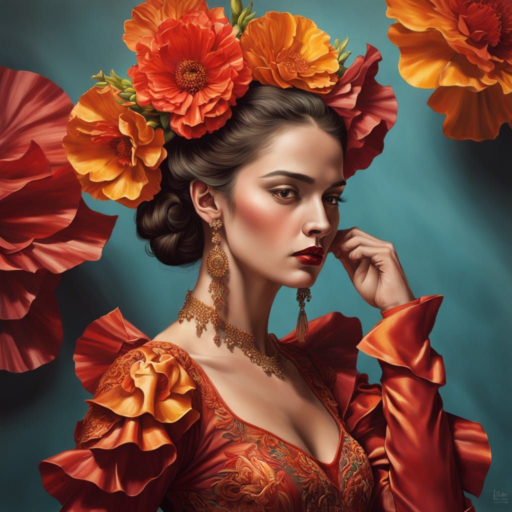 Realistic Portrait of Passionate Spanish Dancer in Flamenco...