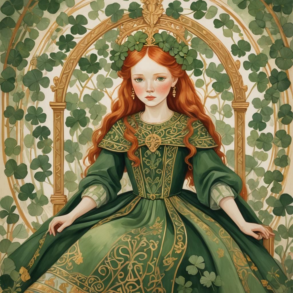 Redhead Girl on Shamrock Throne in Folk Art Style
