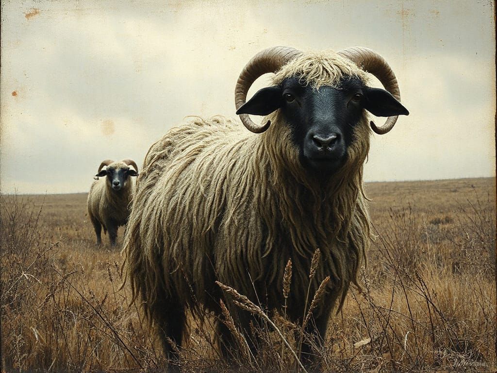 Surreal Long-Haired Sheep in Bleak Field