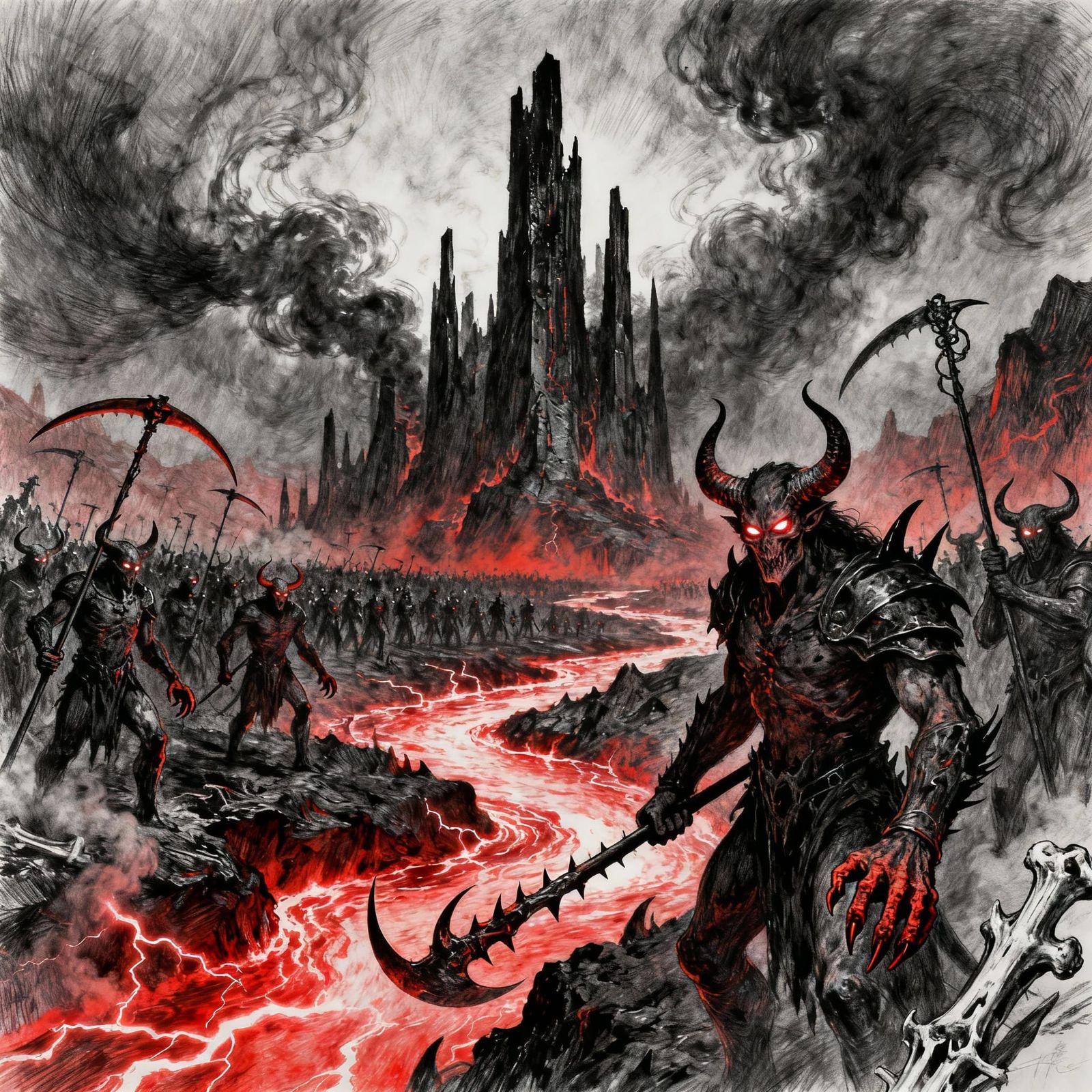 Hell's Empire Arrives: Hyperdetailed Charcoal Drawing