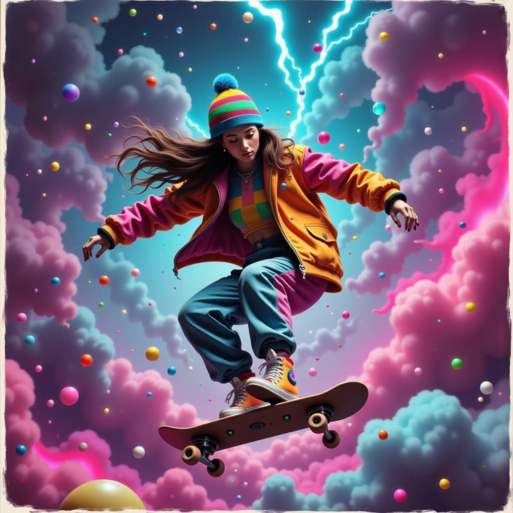 Skater in Neon Checkers, Retro Cinematic Style