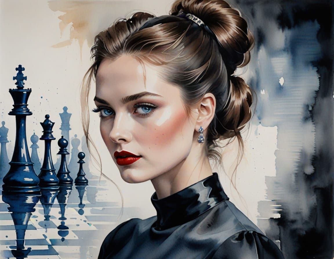 Watercolor Portrait with Chess Elements