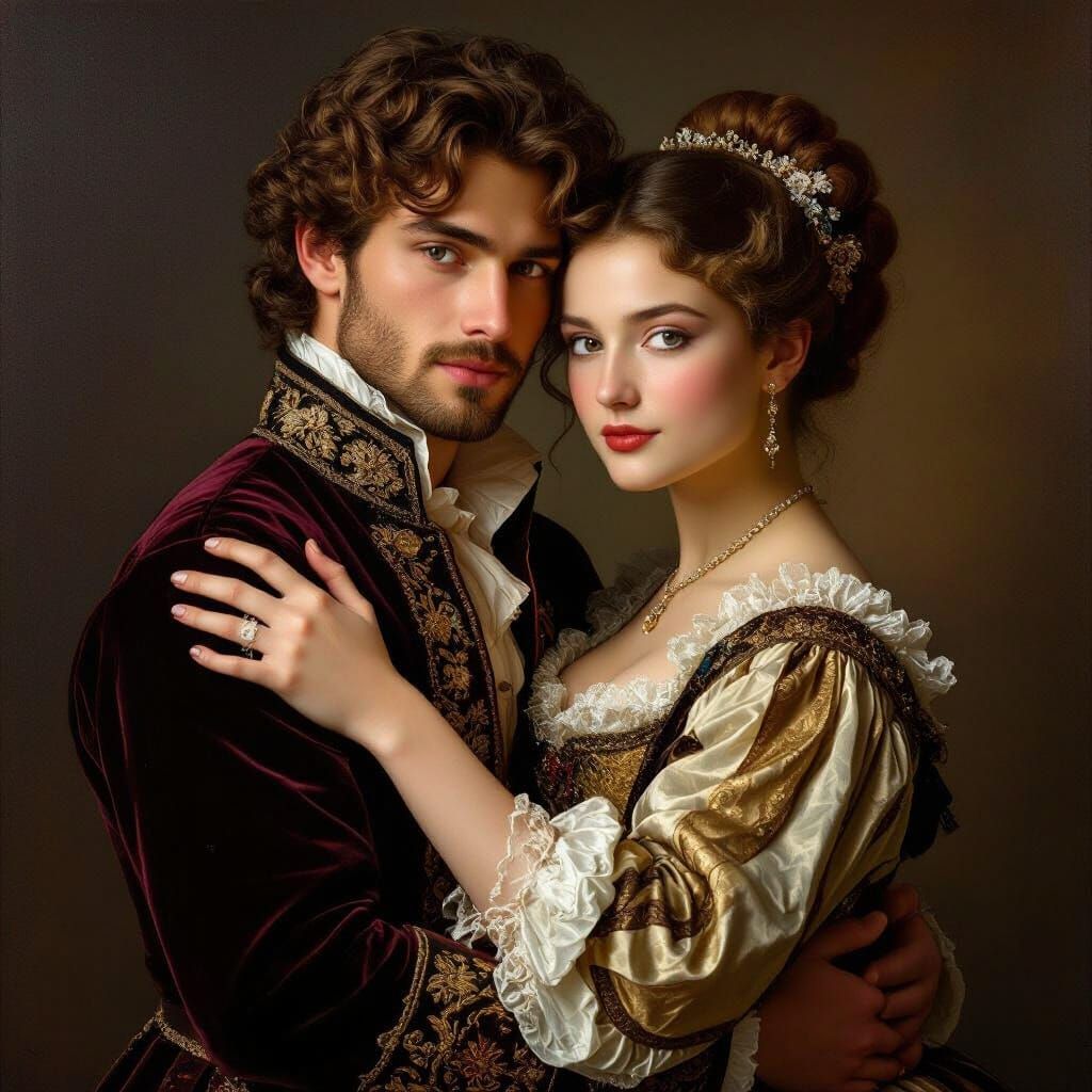 Baroque Couple Embrace: Chiaroscuro Painting