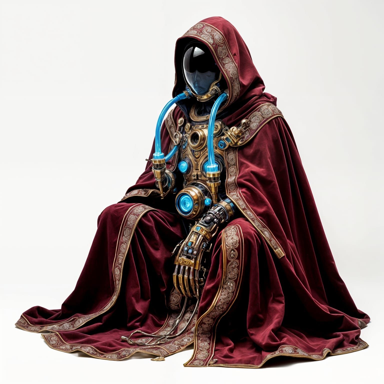 Retro Futuristic Gadget with Brass Accents and Velvet Cloak