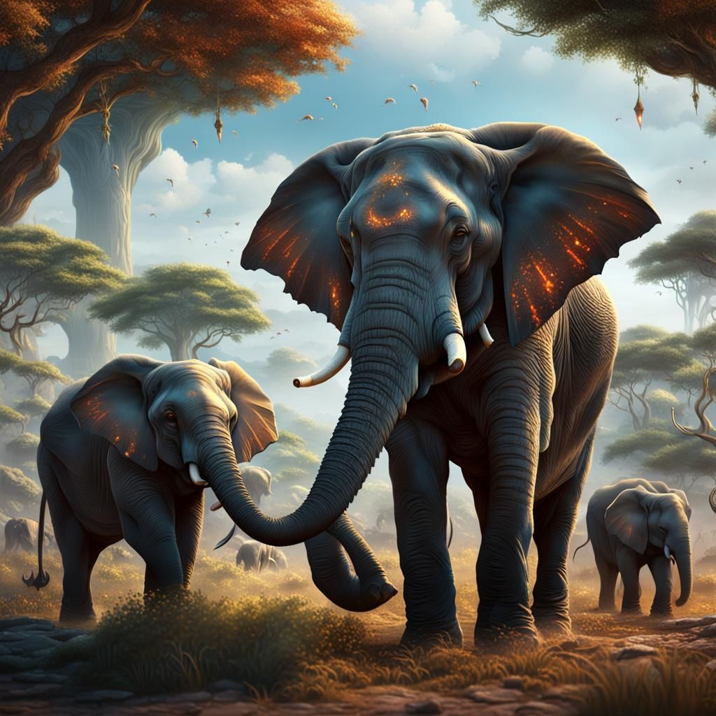 Elephant Herd Protects Mother and Baby: Matte Painting