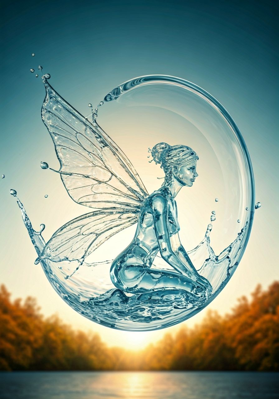 Water Fairy in Floating Bubble on Autumn Morning