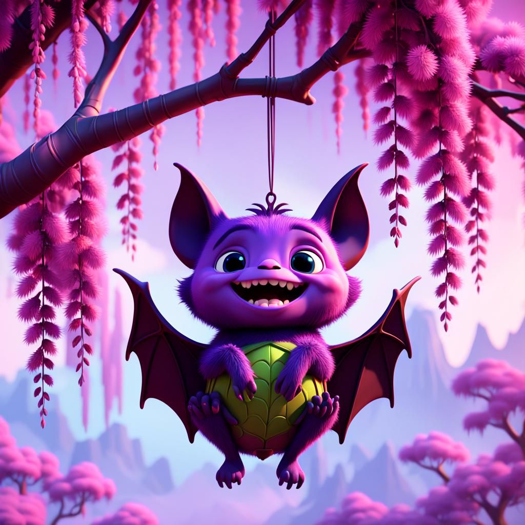 Cute Cartoon Bat in Pink Willow Tree