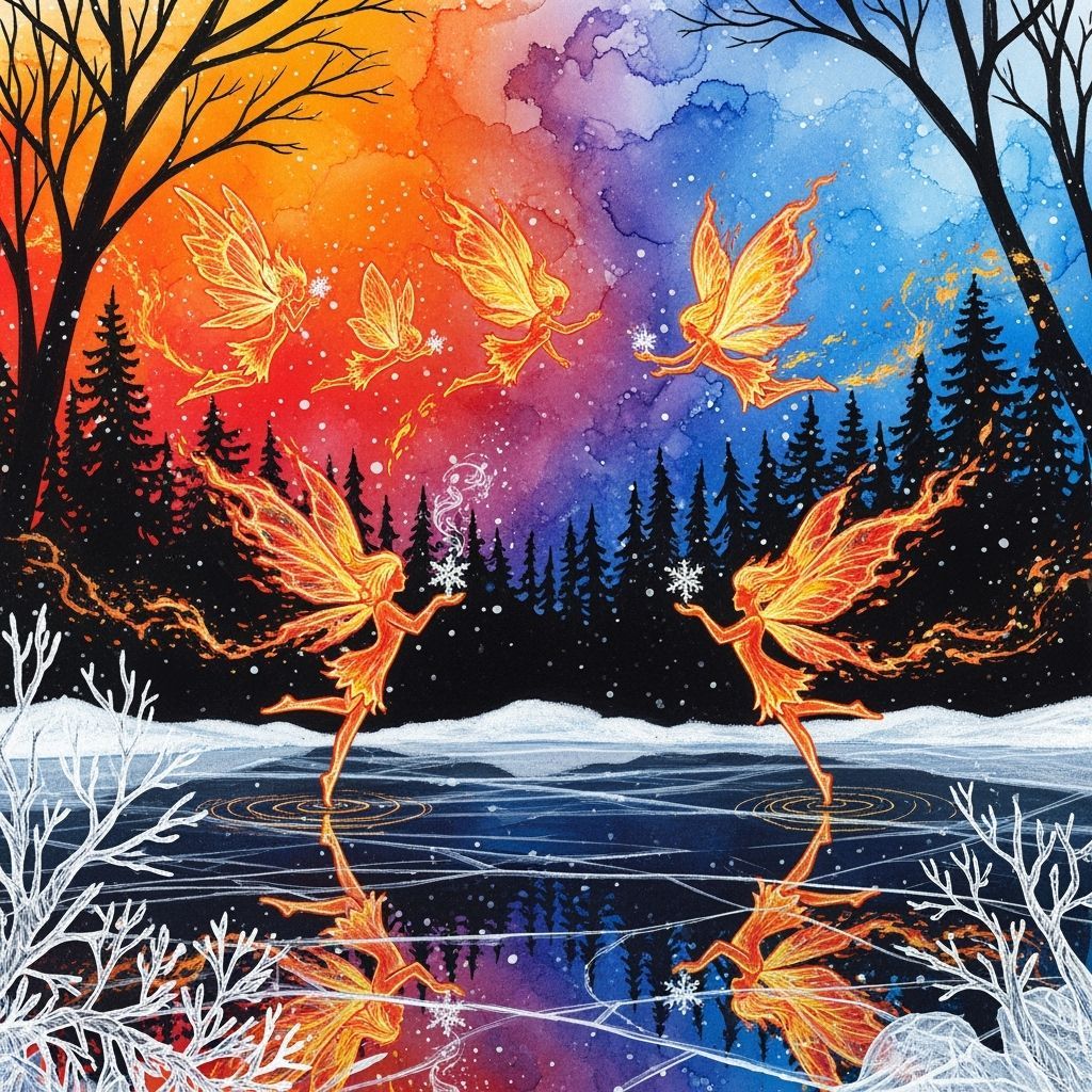 Ethereal Fairies Dance in Icy Landscape with Fiery Glow