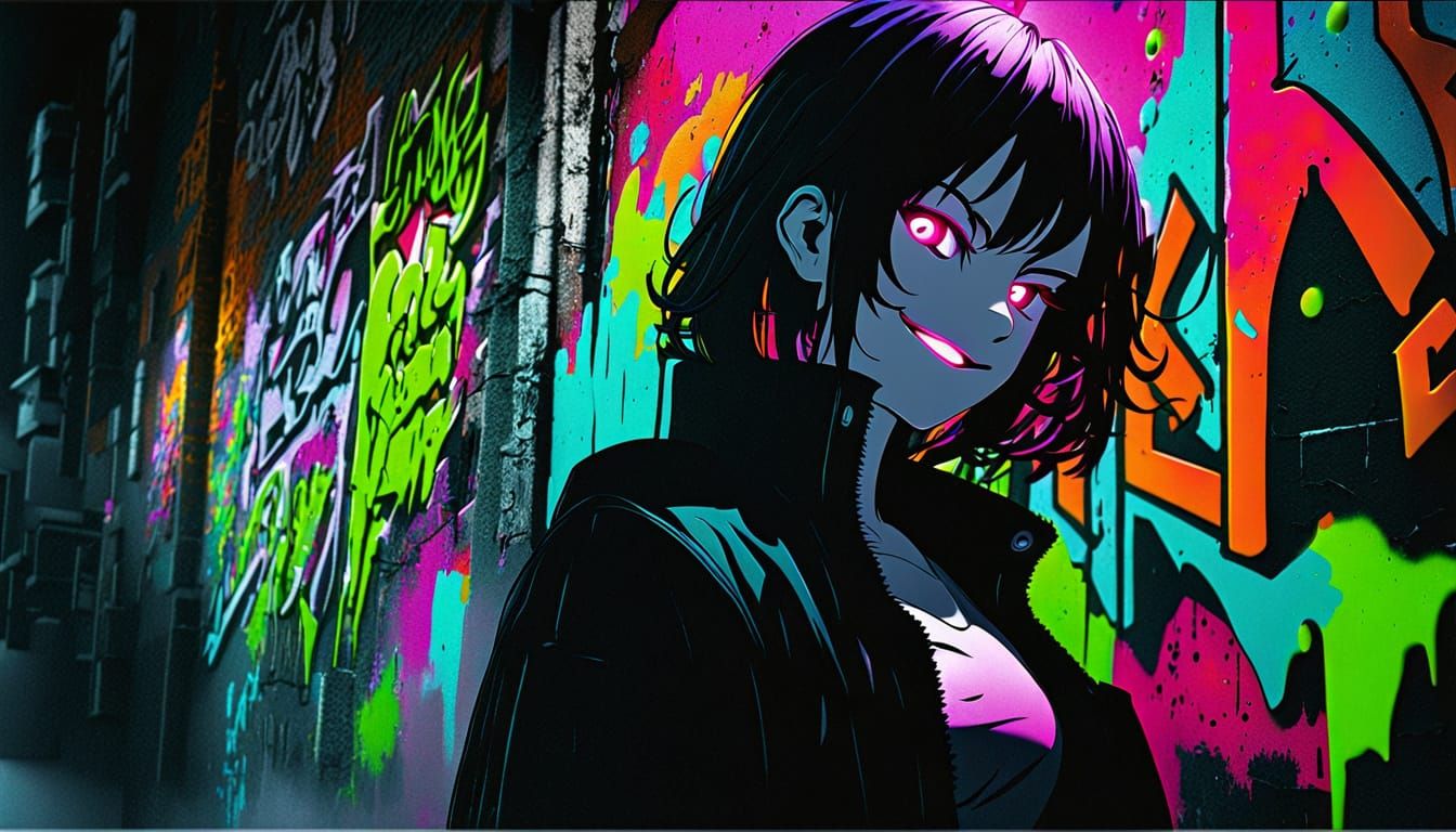 Anime Girl in Neon Graffiti Nightscape