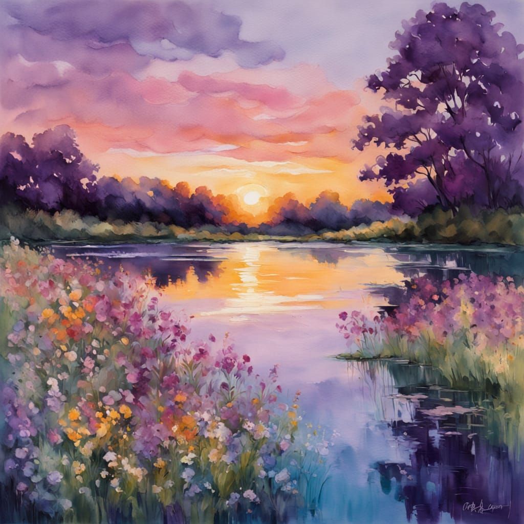 Tranquil Lake at Sunset with Wildflowers, Watercolor Style