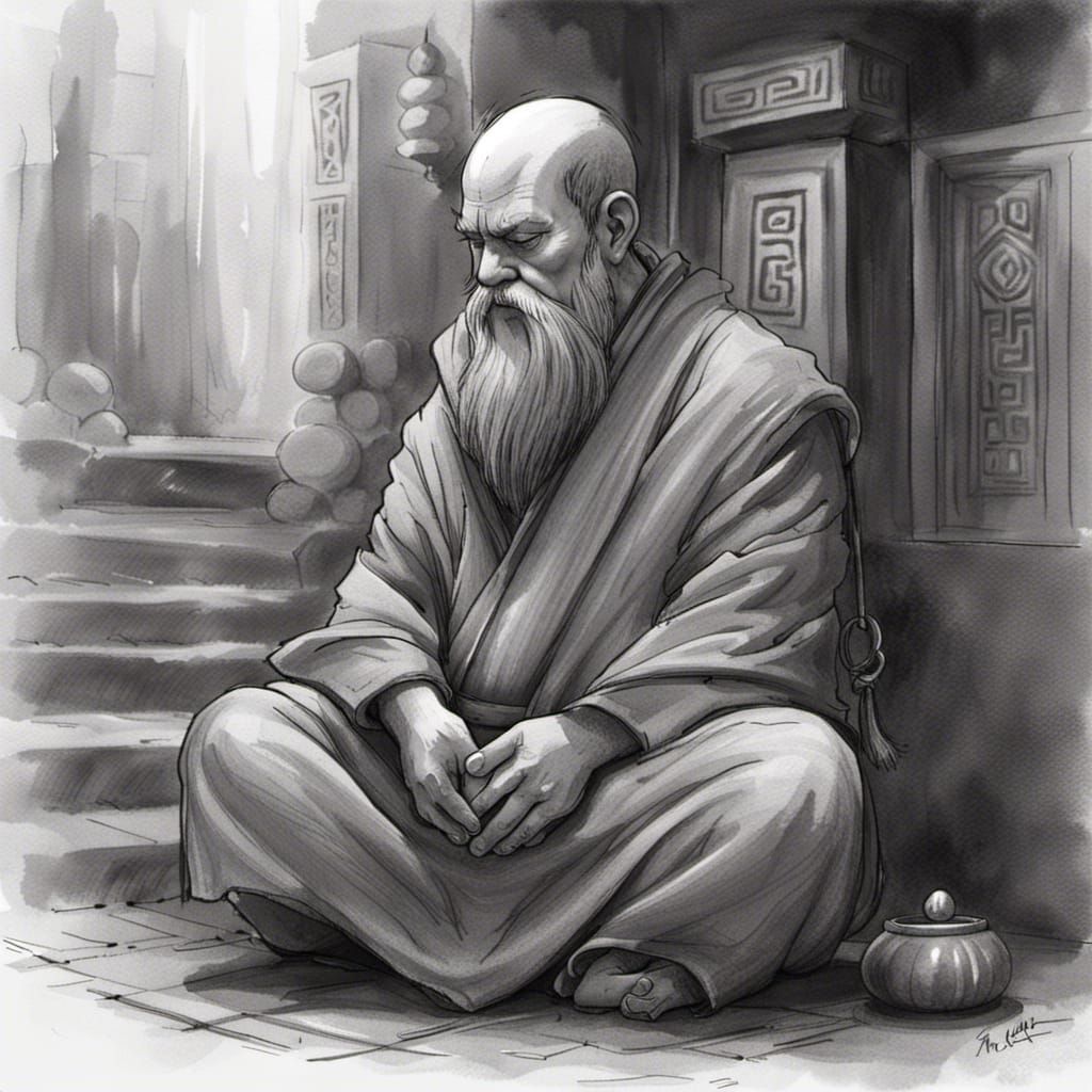 Dwarf Monk Meditating: Black and White Sketch