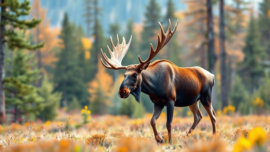 Majestic Moose Strolls Through a Lush Forest in Vibrant Wate...