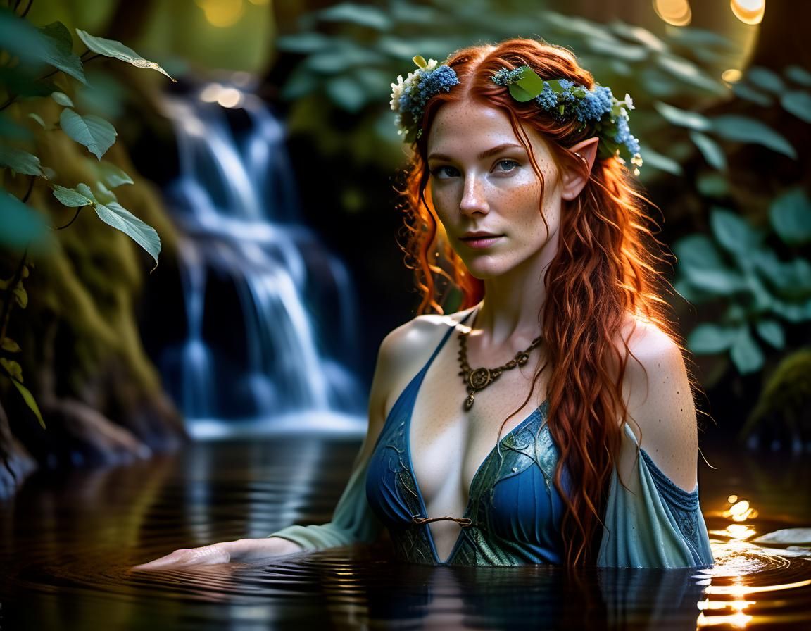 Ethereal Elf Woman in Forest Pond at Sunrise