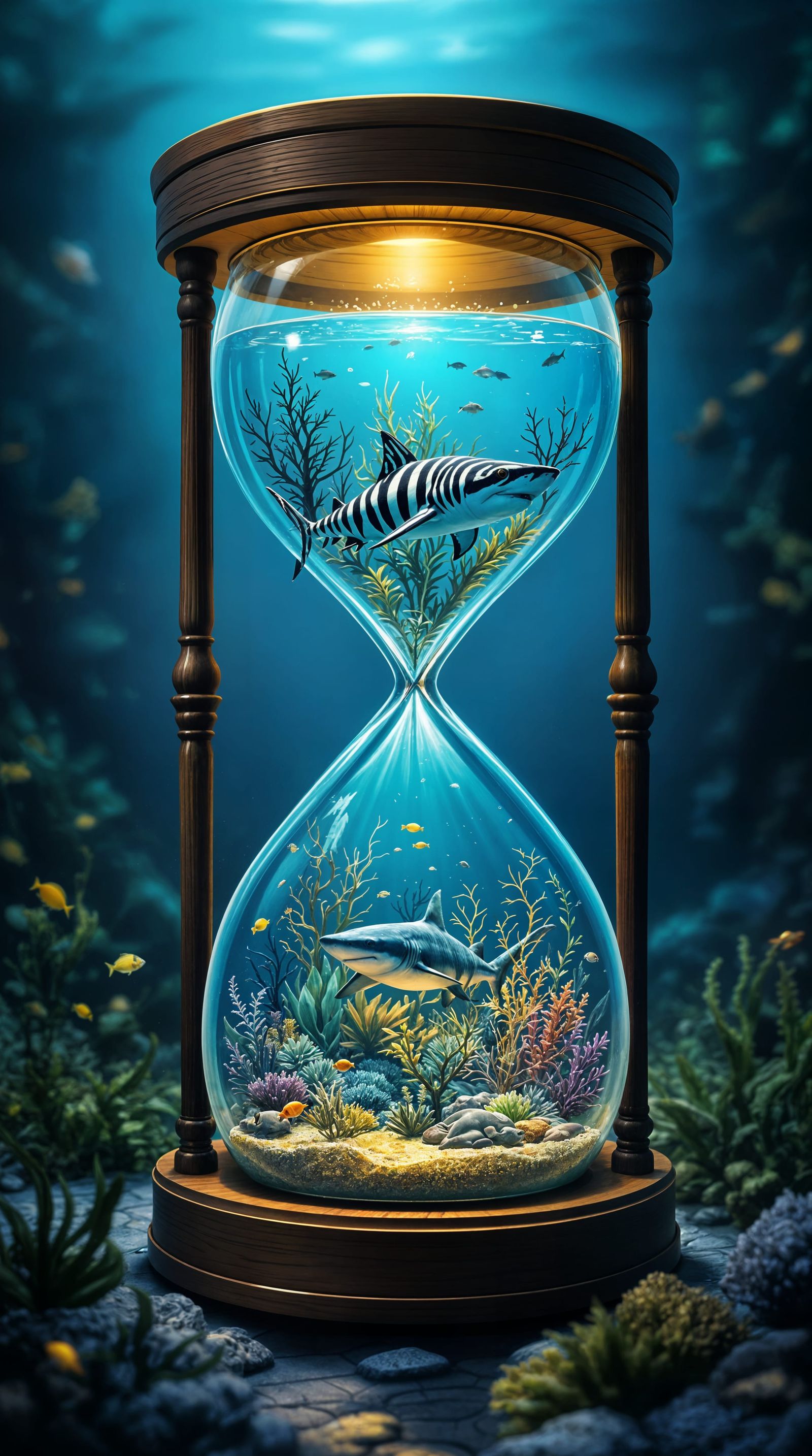 Ethereal Aquarium Scene with Timeless Hourglass