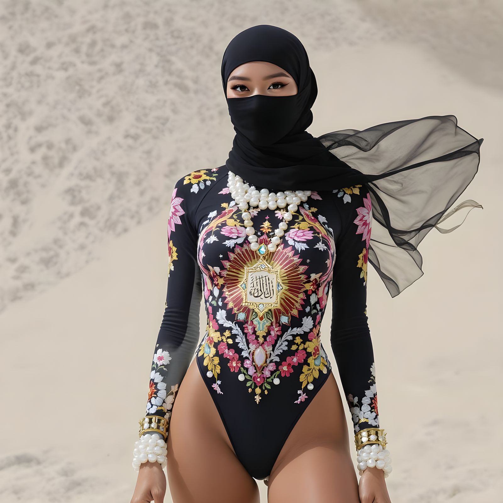 Asian Woman in Niqab with Pearl Swimsuit