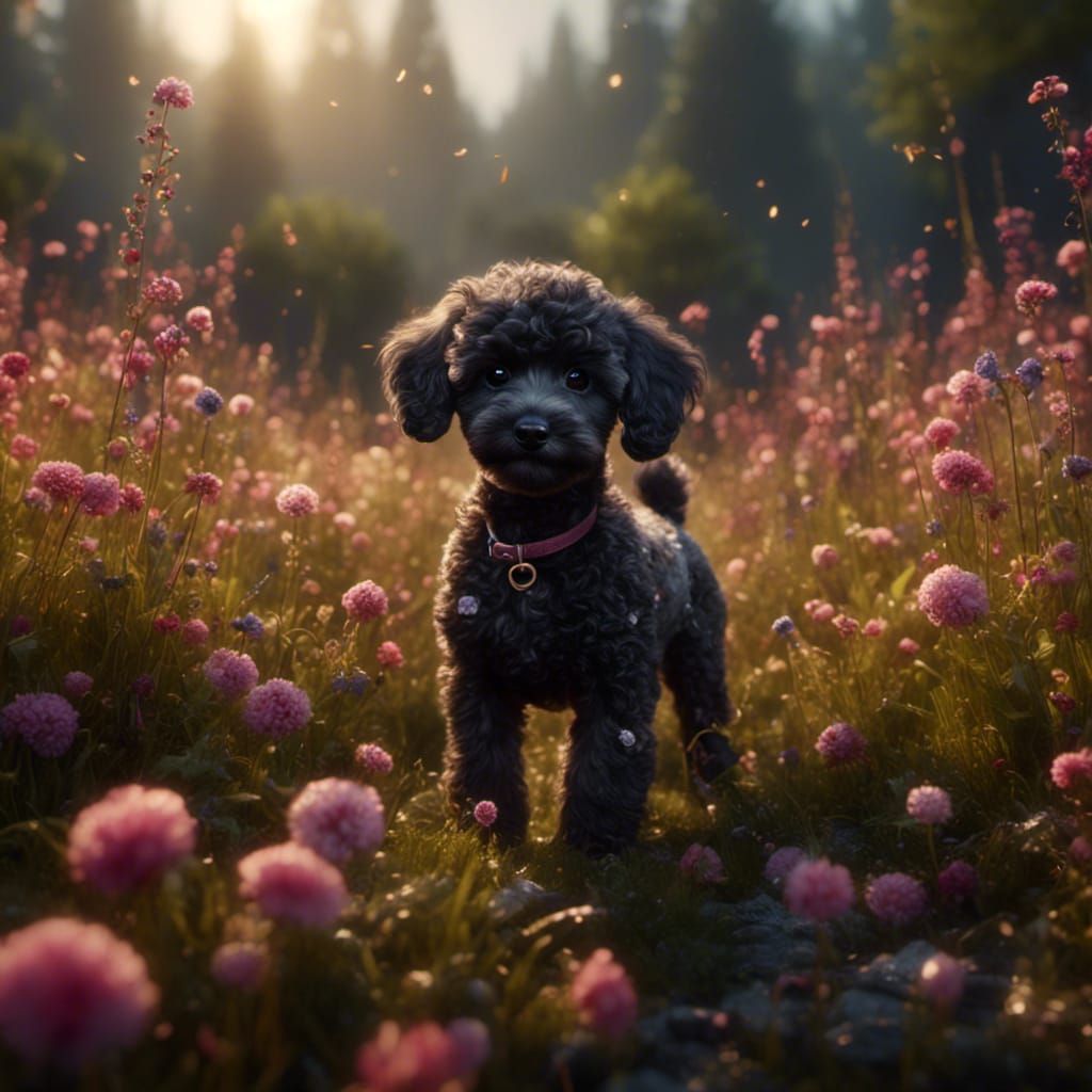 Poodle Puppies Play in Flower Field: Hyperrealistic HDR