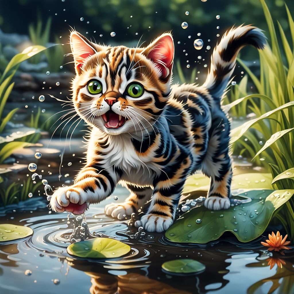 Surprised Kitten's Pond Adventure in Hyperrealism