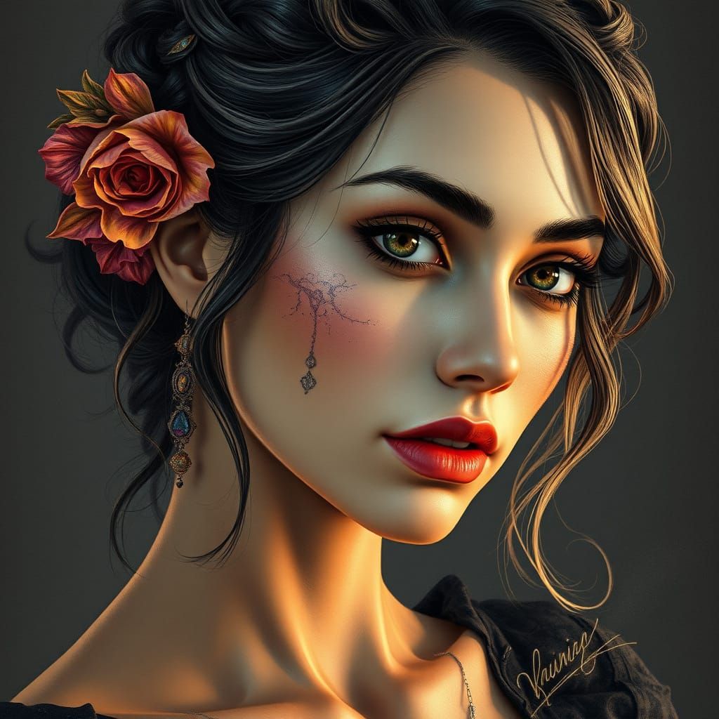 Detailed Charcoal Portrait in Dark Fantasy Art Nouveau Style