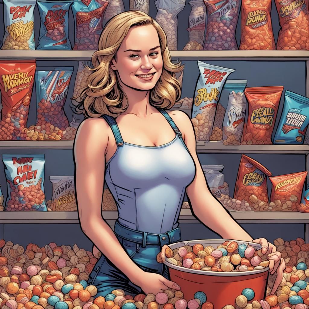 Brie Larson selling candy balls