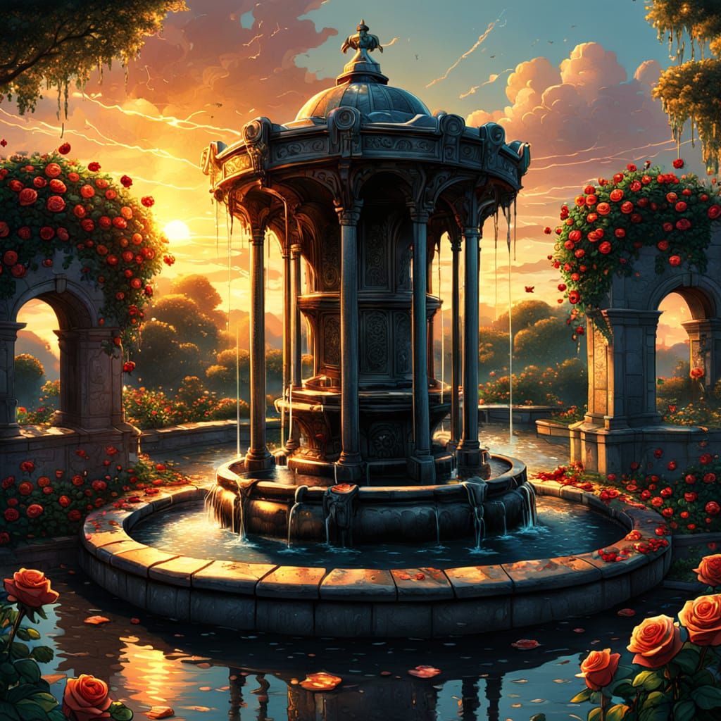 Rose-Covered Wishing Well in Comic Book Style