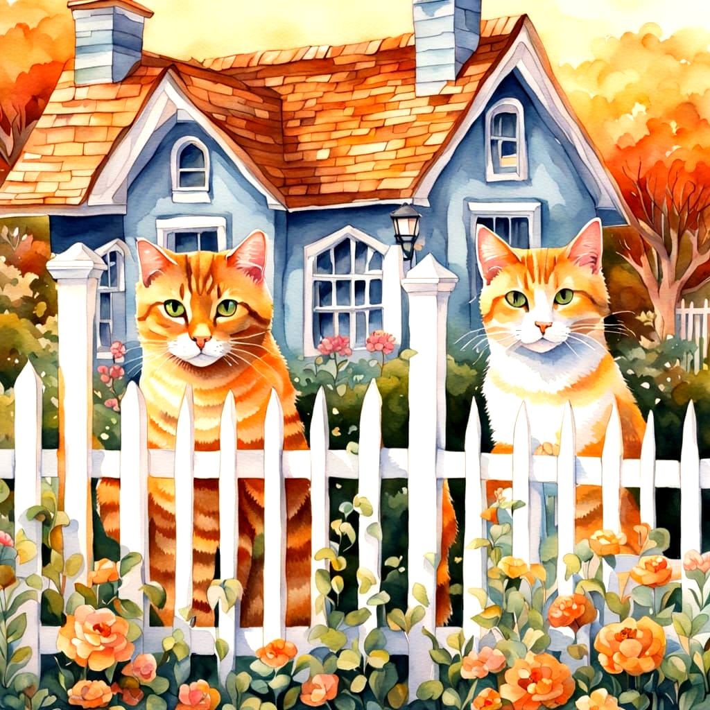 Whimsical Cottage with Cats in M.C. Escher Style