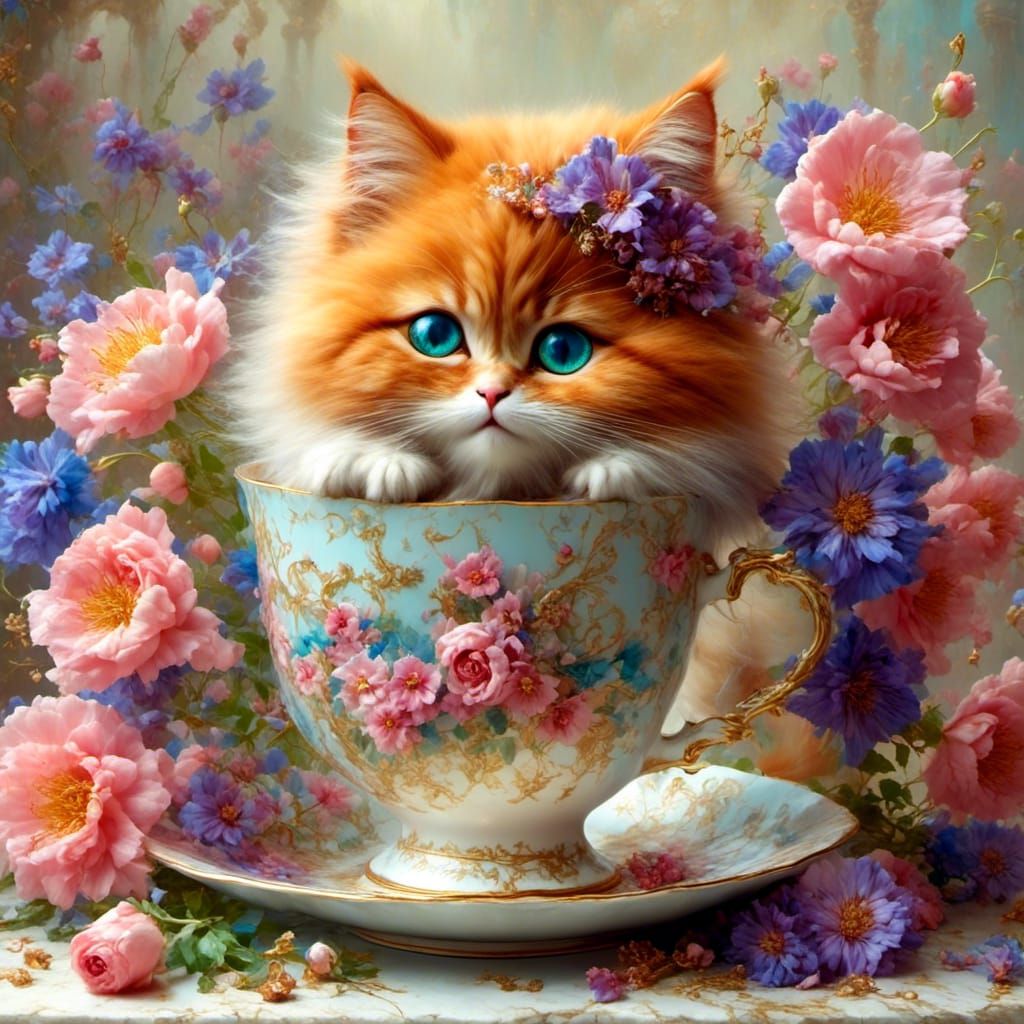 A gorgeous tiny ginger kitten sitting inside a pretty teacup...