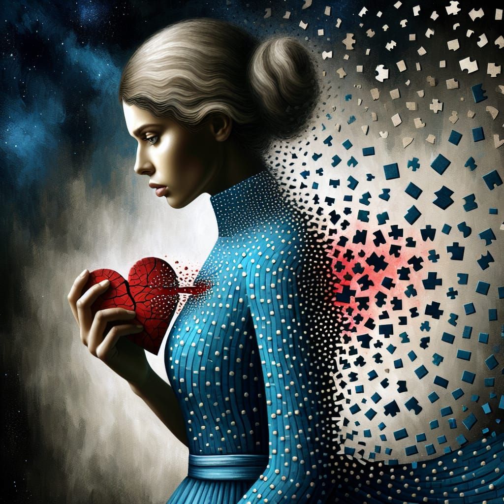 Surreal Woman Reassembles Shattered Heart