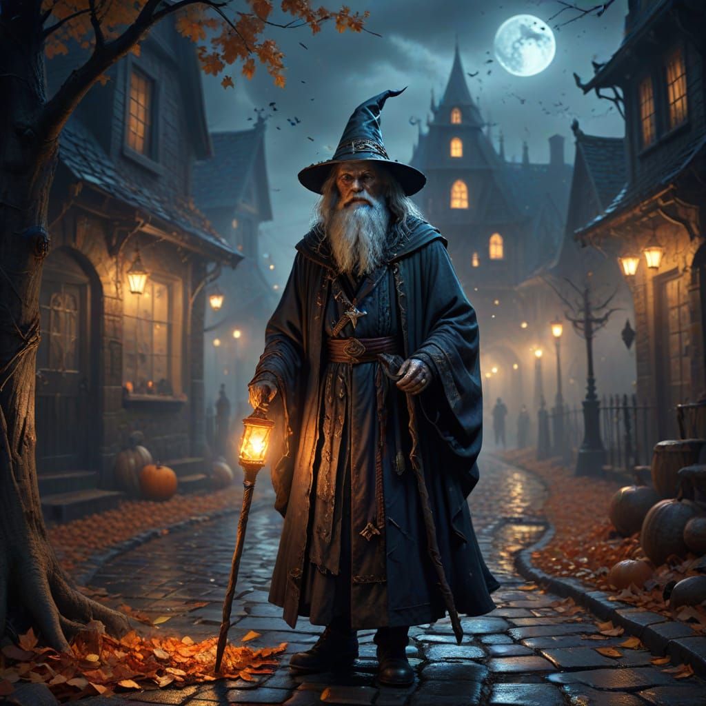 Mystical Wizard with Glowing Staff on Atmospheric Street