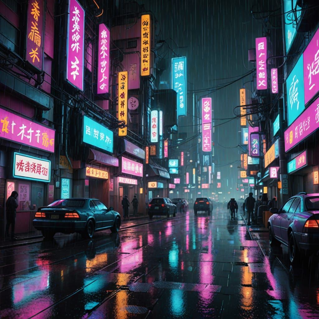Cyberpunk Cityscape in Neon Rain