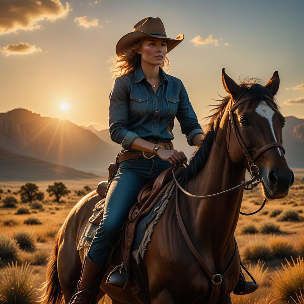 Cowgirl Rides Across the Vast Prairie in Vibrant Hyperrealis...