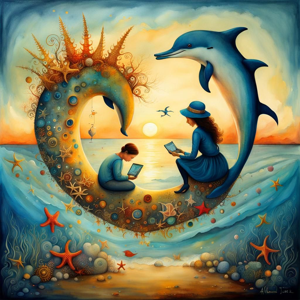 Surreal Seaside Sunset Dreamscape as Watercolor Painting