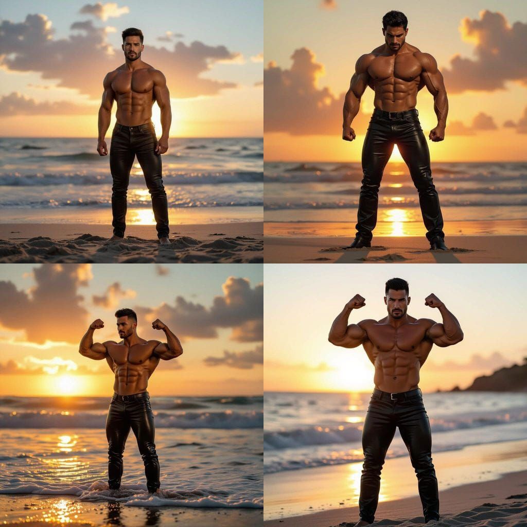 Muscular Latino Man Flexes on Beach in Tight Leather Jeans